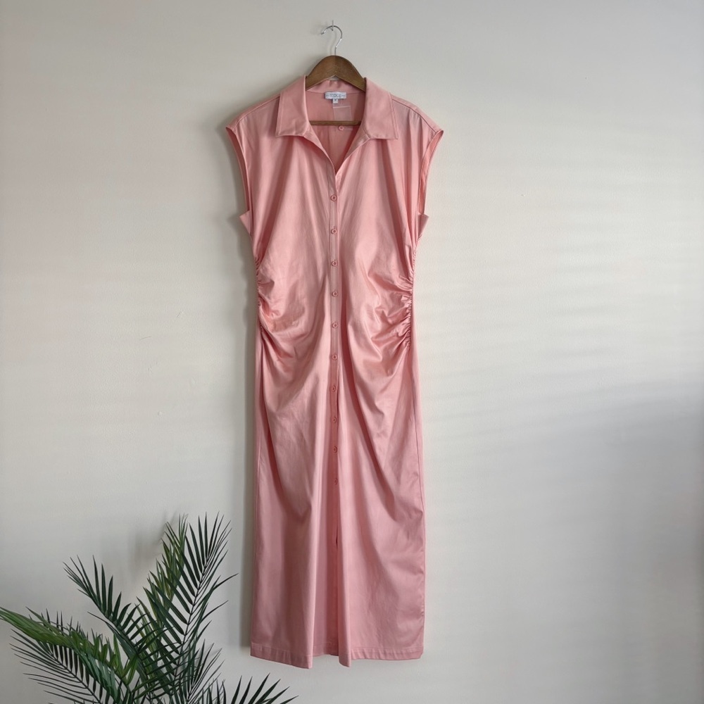 S'edge Layna Peach Ruched Midi Dress Medium NEW NWOT Quiet Luxury